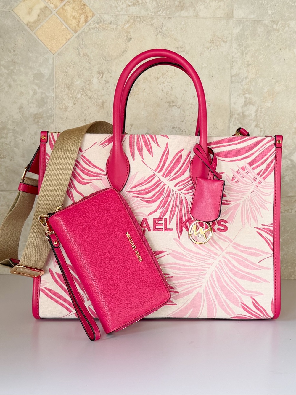 Michael Kors Mirella MD Tote Satchel Shoulder Bag + Wallet Pink Plam